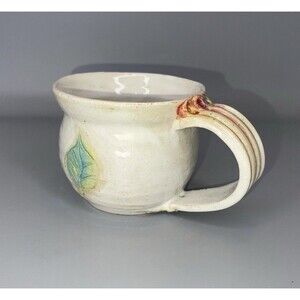 Vintage Handcrafted Ceramic Coffee Mug Cup 8oz Cream Leaf Pottery Farmhouse